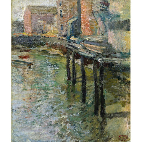 Deserted Wharf The Old Mill at Cos Cob Black Modern Wood Framed Art Print with Double Matting by Twachtman, John Henry