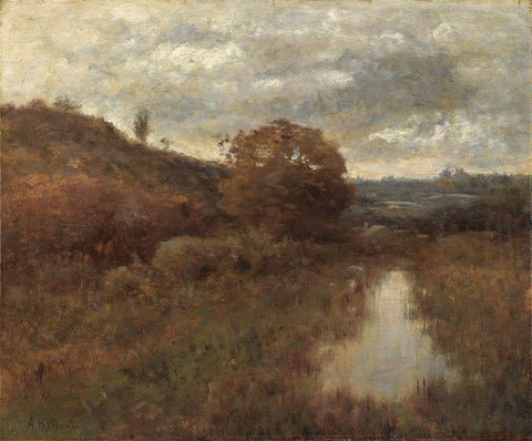 Autumn Landscape and Pool White Modern Wood Framed Art Print with Double Matting by Wyant, Alexander H