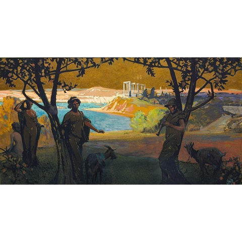 Mural Sketch Pastoral Study No 1 Gold Ornate Wood Framed Art Print with Double Matting by Keller, Henry