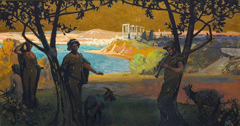 Mural Sketch Pastoral Study No 1 Black Ornate Wood Framed Art Print with Double Matting by Keller, Henry