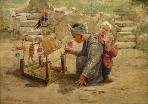 Japanese Boy Building a Man of War Black Ornate Wood Framed Art Print with Double Matting by Arter, J C