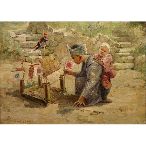 Japanese Boy Building a Man of War Black Modern Wood Framed Art Print with Double Matting by Arter, J C