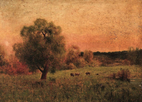 Cows in a Field Black Ornate Wood Framed Art Print with Double Matting by Inness, George in the style of