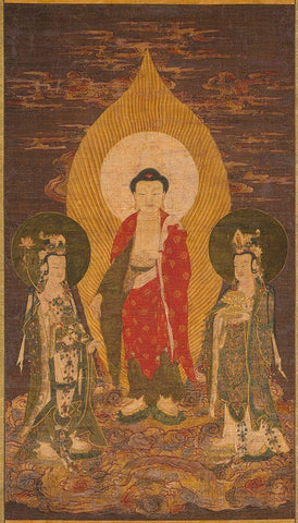 Amitabha Triad White Modern Wood Framed Art Print with Double Matting by dynasty, China Ming