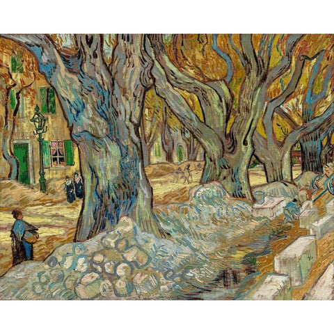 The Large Plane Trees Road Menders at Saint Remy White Modern Wood Framed Art Print by Gogh, Vincent van