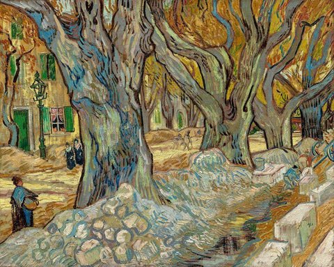 The Large Plane Trees Road Menders at Saint Remy Black Ornate Wood Framed Art Print with Double Matting by Gogh, Vincent van