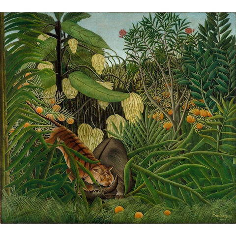 Fight between a Tiger and a Buffalo Black Modern Wood Framed Art Print with Double Matting by Rousseau, Henri