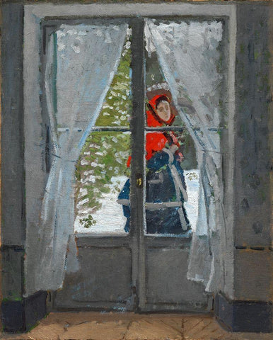 The Red Kerchief White Modern Wood Framed Art Print with Double Matting by Monet, Claude