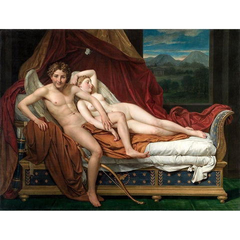 Cupid and Psyche Gold Ornate Wood Framed Art Print with Double Matting by David, Jacques Louis