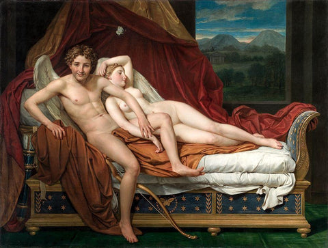 Cupid and Psyche Black Ornate Wood Framed Art Print with Double Matting by David, Jacques Louis