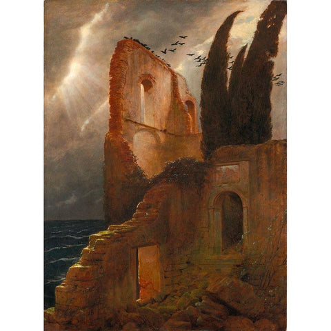 Ruin by the Sea Black Modern Wood Framed Art Print with Double Matting by Bocklin, Arnold