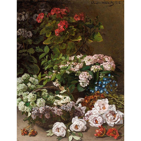 Spring Flowers Black Modern Wood Framed Art Print with Double Matting by Monet, Claude