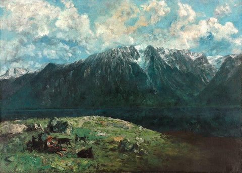 Panoramic View of the Alps, Les Dents du Midi Black Ornate Wood Framed Art Print with Double Matting by Courbet, Gustave