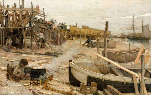 The Boatyard White Modern Wood Framed Art Print with Double Matting by Cazin, Jean-Charles