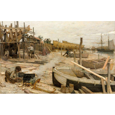 The Boatyard Gold Ornate Wood Framed Art Print with Double Matting by Cazin, Jean-Charles