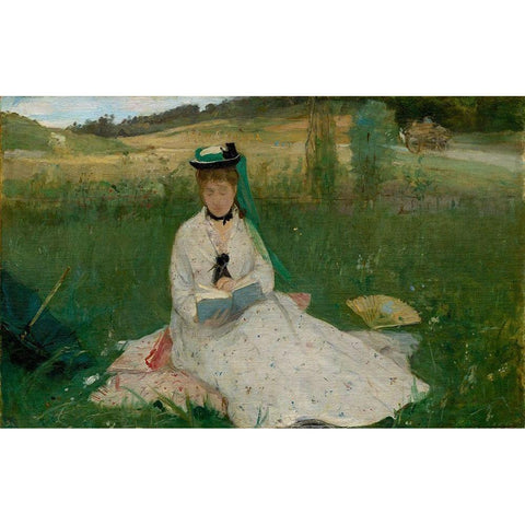 Reading Black Modern Wood Framed Art Print with Double Matting by Morisot, Berthe