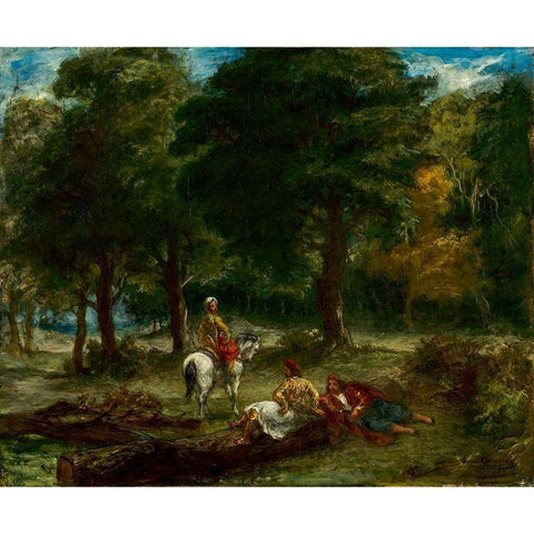 Greek Cavalry Men Resting in Forest Gold Ornate Wood Framed Art Print with Double Matting by Delacroix, Eugene