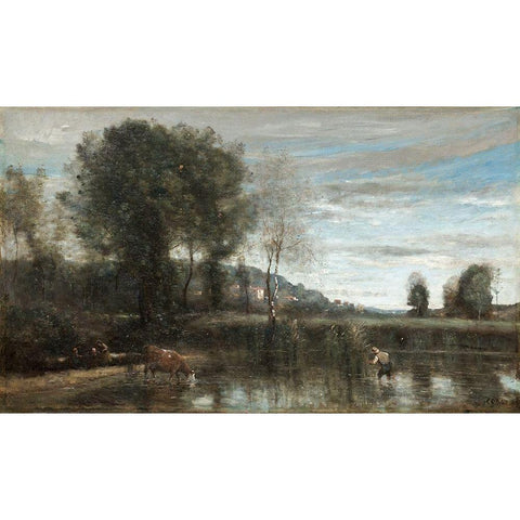 Pond at Ville-dAvray White Modern Wood Framed Art Print by Corot, Jean Baptiste Camille