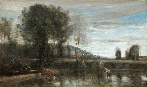 Pond at Ville-dAvray White Modern Wood Framed Art Print with Double Matting by Corot, Jean Baptiste Camille