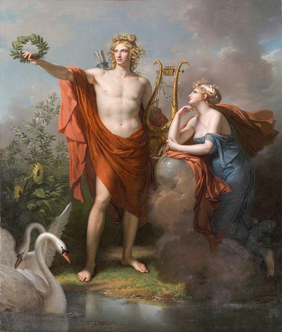 Apollo, God of Light, Eloquence, Poetry and the Fine Arts with Urania, Muse of Astronomy White Modern Wood Framed Art Print with Double Matting by Meynier, Charles