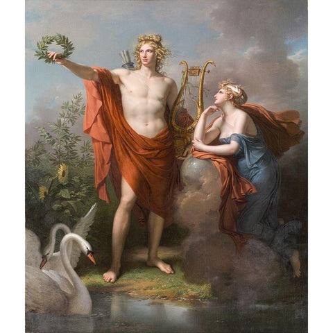 Apollo, God of Light, Eloquence, Poetry and the Fine Arts with Urania, Muse of Astronomy White Modern Wood Framed Art Print by Meynier, Charles