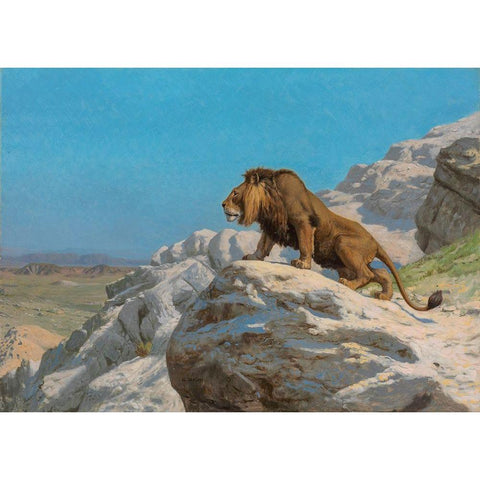 Lion on the Watch White Modern Wood Framed Art Print by Gerome, Jean-Leon