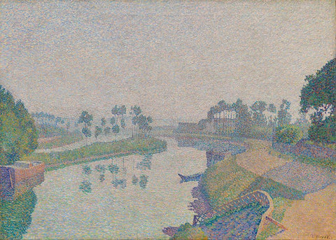 Banks of the Oise at Dawn Black Ornate Wood Framed Art Print with Double Matting by Hayet, Louis
