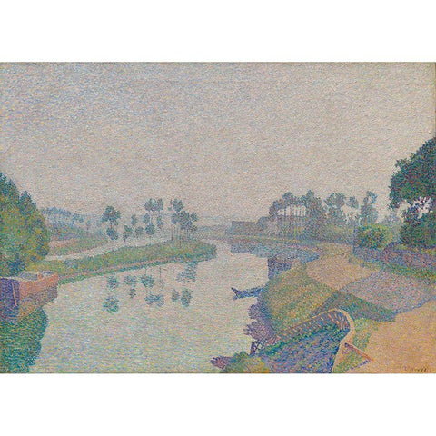 Banks of the Oise at Dawn Black Modern Wood Framed Art Print by Hayet, Louis