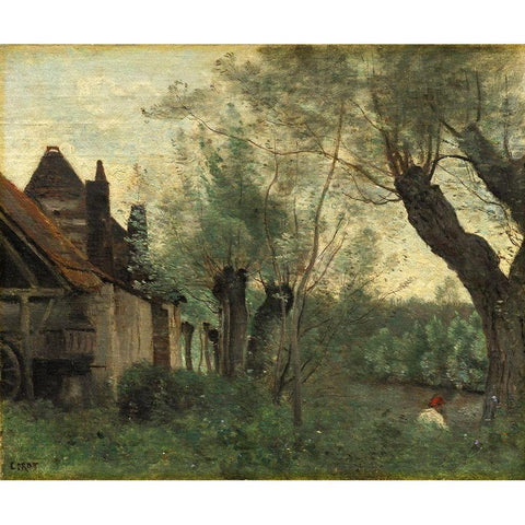 Willows and Farmhouse at Sainte-Catherine-les-Arras Black Modern Wood Framed Art Print with Double Matting by Corot, Jean Baptiste Camille