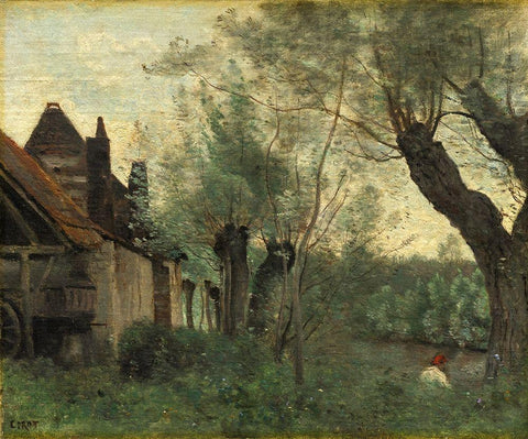 Willows and Farmhouse at Sainte-Catherine-les-Arras White Modern Wood Framed Art Print with Double Matting by Corot, Jean Baptiste Camille