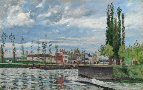 The Lock at Pontoise White Modern Wood Framed Art Print with Double Matting by Pissarro, Camille