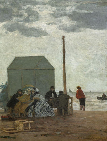 The Beach at Deauville Black Ornate Wood Framed Art Print with Double Matting by Boudin, Eugene