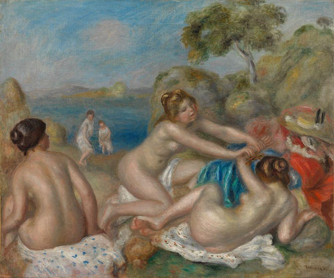 Bathers Playing with a Crab White Modern Wood Framed Art Print with Double Matting by Renoir, Pierre-Auguste