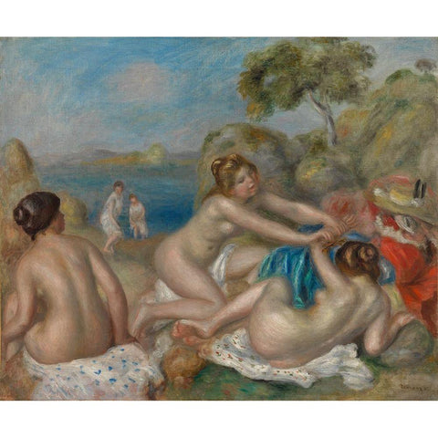 Bathers Playing with a Crab Black Modern Wood Framed Art Print with Double Matting by Renoir, Pierre-Auguste