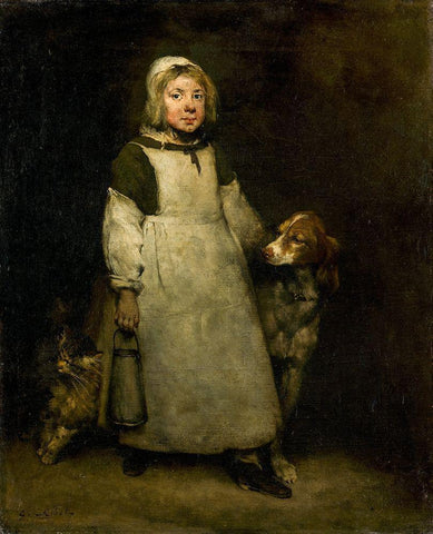 The Little Milkmaid Black Ornate Wood Framed Art Print with Double Matting by Ribot, Theodule