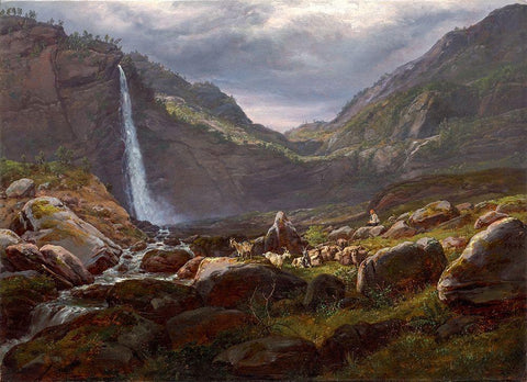 Feige Waterfall, Feigefossen, Lysterfjord, Norway Black Ornate Wood Framed Art Print with Double Matting by Dahl, Johan Christian Clausen