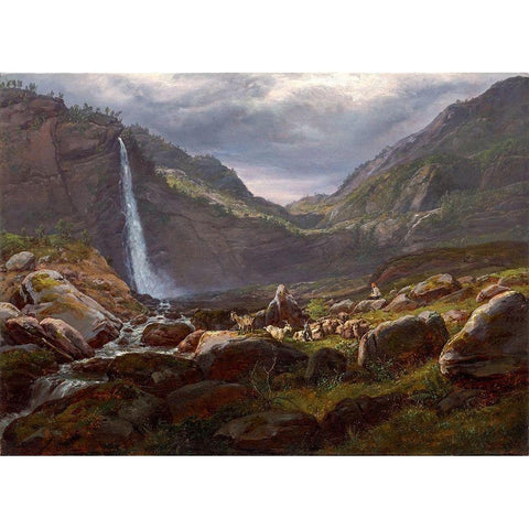 Feige Waterfall, Feigefossen, Lysterfjord, Norway Black Modern Wood Framed Art Print with Double Matting by Dahl, Johan Christian Clausen