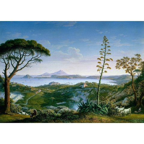 View of the Gulf of Pozzuoli from Solfatara Black Modern Wood Framed Art Print with Double Matting by Hackert, Philipp