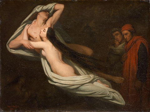 Dante and Virgil Meeting the Shades of Francesca da Rimini and Paolo Black Ornate Wood Framed Art Print with Double Matting by Scheffer, Ary