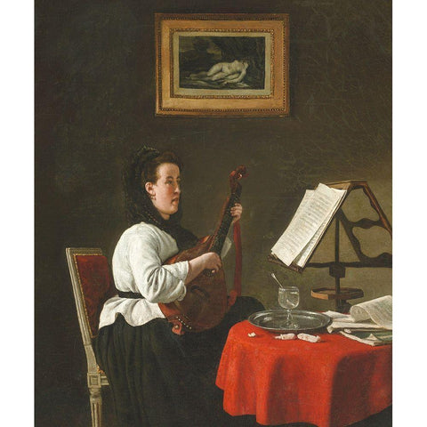 Young Woman with a Mandolin, Portrait of Louison Kohler Black Modern Wood Framed Art Print with Double Matting by Bonvin, Francois