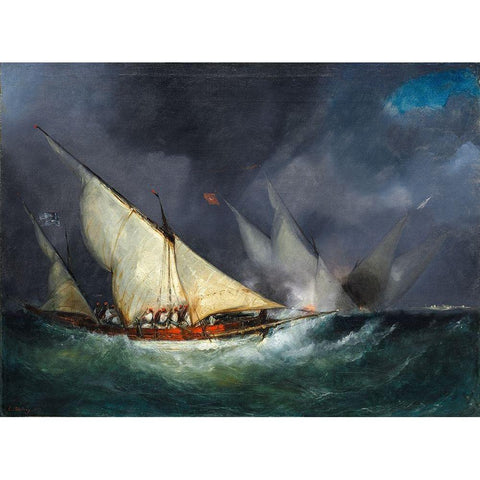 Greek Pirates Attacking a Turkish Vessel Black Modern Wood Framed Art Print with Double Matting by France 19th Century