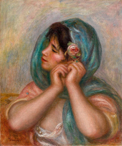 Young Woman Arranging Her Earring Black Ornate Wood Framed Art Print with Double Matting by Renoir, Pierre-Auguste