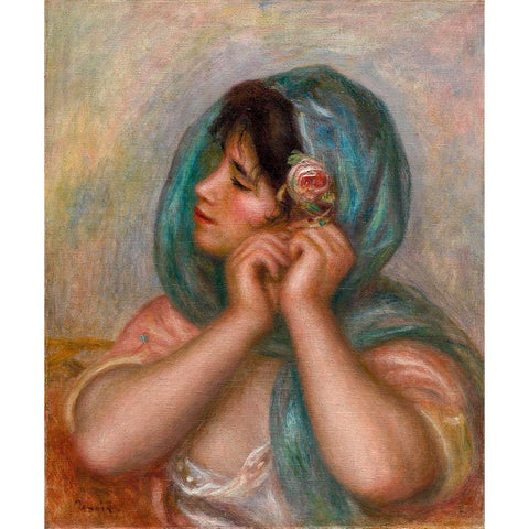 Young Woman Arranging Her Earring Gold Ornate Wood Framed Art Print with Double Matting by Renoir, Pierre-Auguste