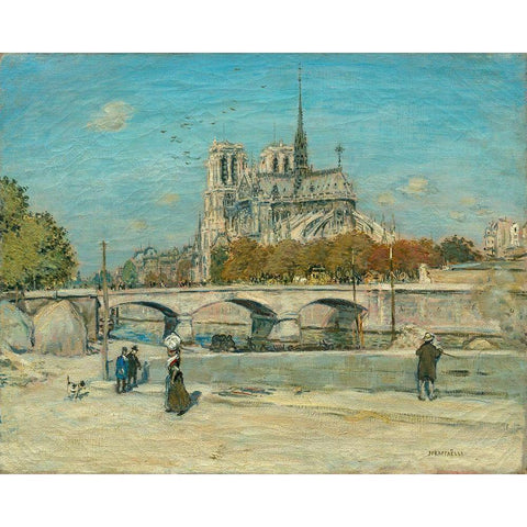 Notre Dame Seen from the Quai de la Tournelle Black Modern Wood Framed Art Print with Double Matting by Raffaelli, Jean-Francois