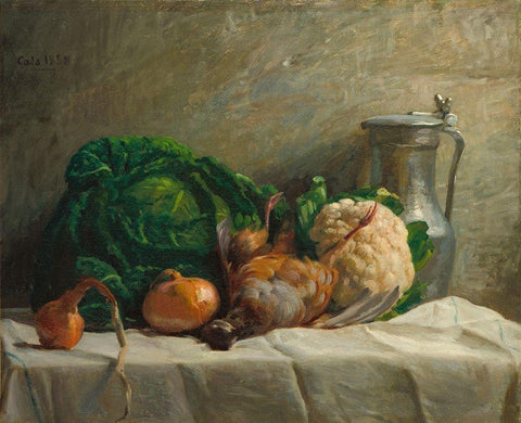 Still Life with Vegetables, Partridge, and a Jug White Modern Wood Framed Art Print with Double Matting by Cals, Adolphe-Felix