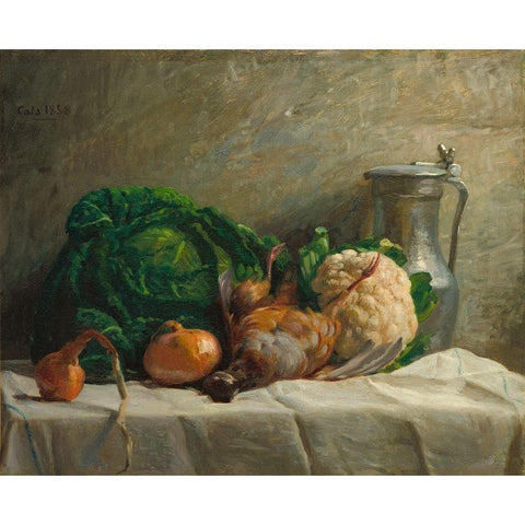 Still Life with Vegetables, Partridge, and a Jug Gold Ornate Wood Framed Art Print with Double Matting by Cals, Adolphe-Felix