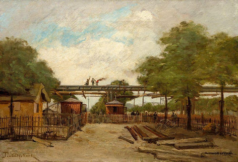 Construction of an Elevated Railway Bridge over the Cours de Vincennes Black Ornate Wood Framed Art Print with Double Matting by Trouillebert, Paul Desire