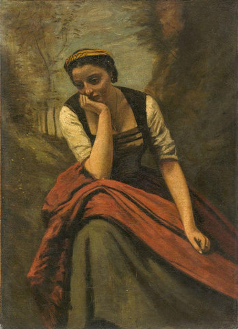 Woman Meditating White Modern Wood Framed Art Print with Double Matting by Corot, Jean Baptiste Camille