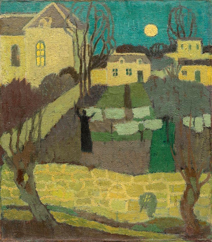 Drying the Linen, or Moonrise at the Priory White Modern Wood Framed Art Print with Double Matting by Denis, Maurice