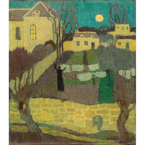 Drying the Linen, or Moonrise at the Priory Black Modern Wood Framed Art Print by Denis, Maurice